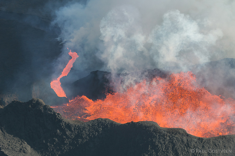 Lava flowing away at eruption of the volcano Bárdarbunga in Holuhraun, Iceland in 2014.